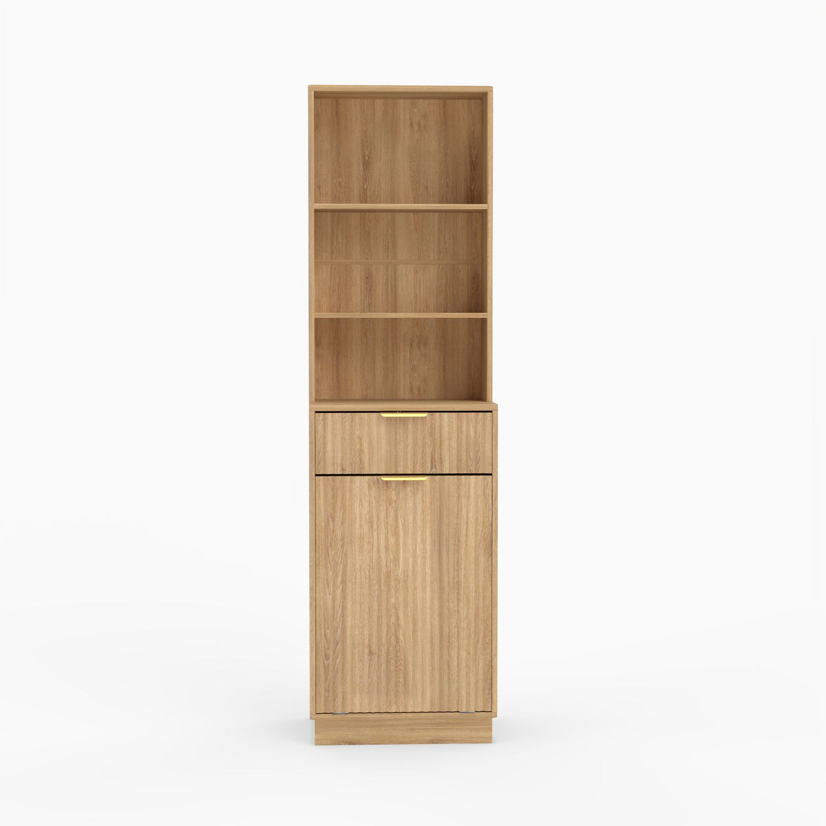 Tall Narrow Fluted Storage Cabinet with 10-Gallon Hidden Trash Bin Compartment, Freestanding Cabinet, Fixed Open Shelves & Drawer, Anti‑Tip for Kitchen Home‑Office Living Room (Trash Can NOT Included)