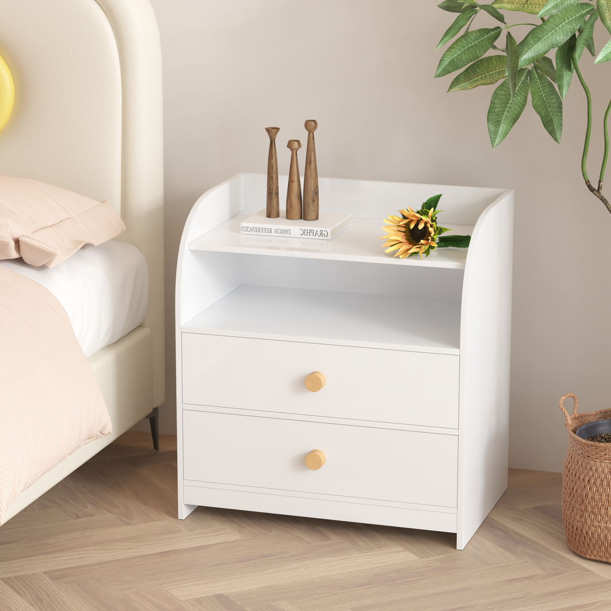 White Nightstand with 2 Drawers and Open Shelf, MDF Bedside Table with Curved Side Panels, Modern End Table for Bedroom, Kids Room, Nursery, Living Room, Storage Cabinet for Adults and Children