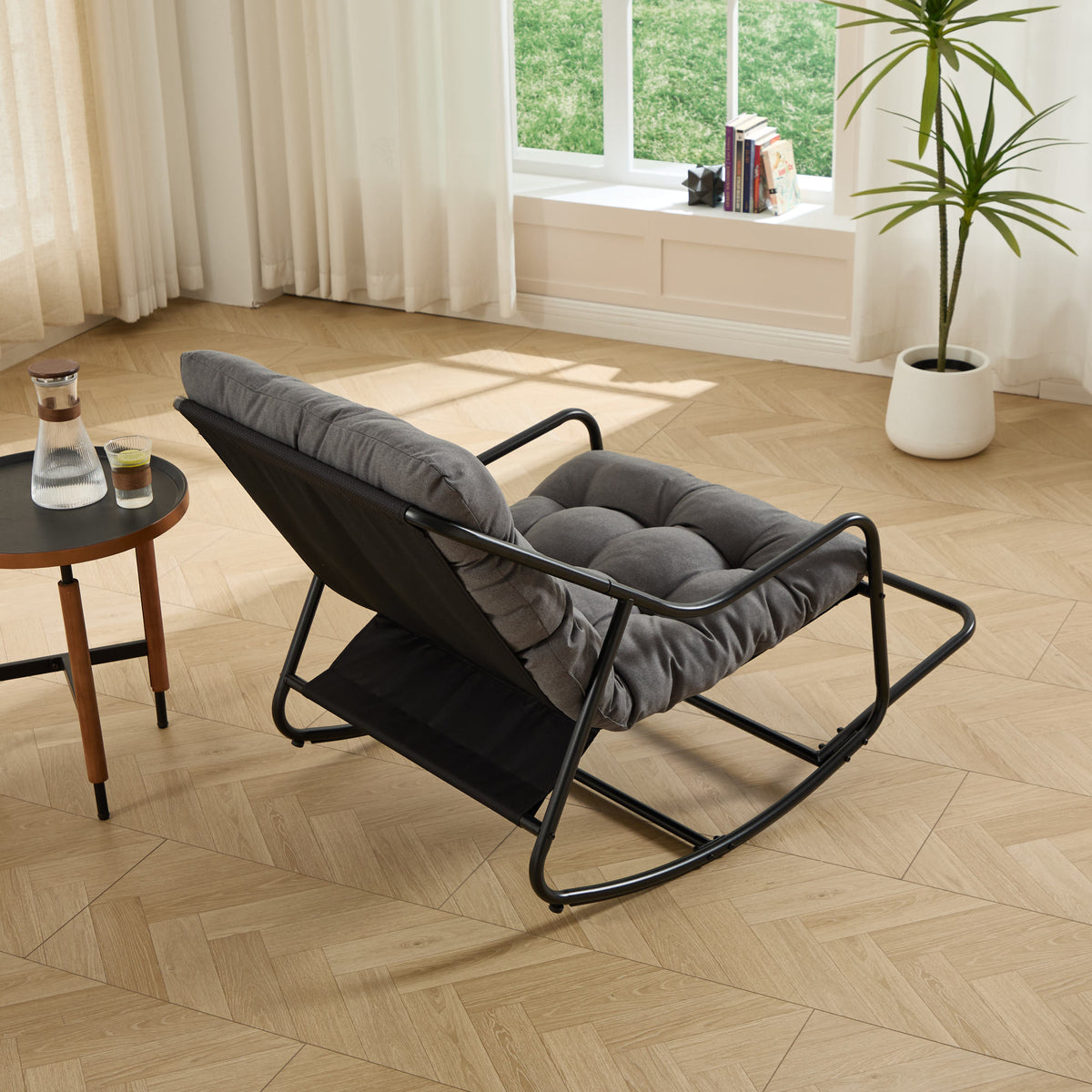 Outdoor Rocking Chair, Comfy Cushion, with Soft Thick Cushion, Reading Room, Black Frame with Grey Cushion