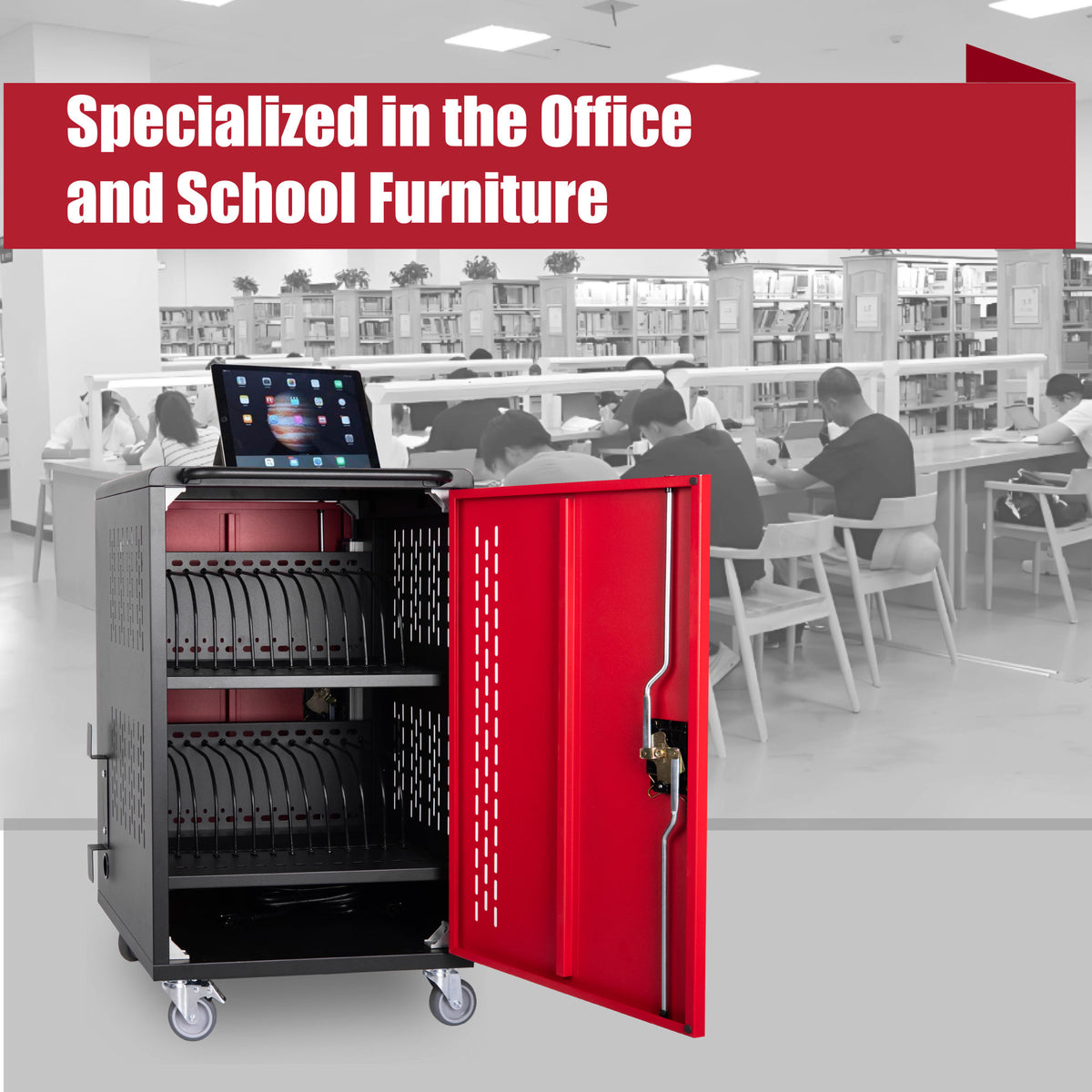 32 Bay Mobile School Charging Cart Station for Chromebook, Tablet and Laptop Computer with Power Strip Included, Assembly Required-BLACK