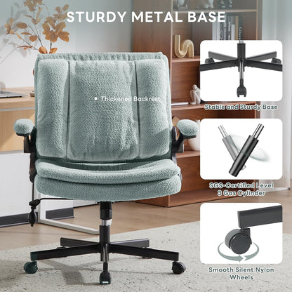 Criss Cross Legged Office Chair with Flip-Up Back Built-In Dynamic Airbag Lumbar Support, Wide Seat Desk Chair with Flip-Up Arms and Wheels, Modern Cross-Leg Chair for Home Office, Vanity, Light Green