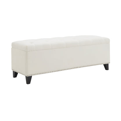 Beige Linen Button-Tufted Storage Ottoman with Safety Close Hinge, 47.5" x 16.5" x 16.25", Plywood Frame, High-Density Foam Cushion