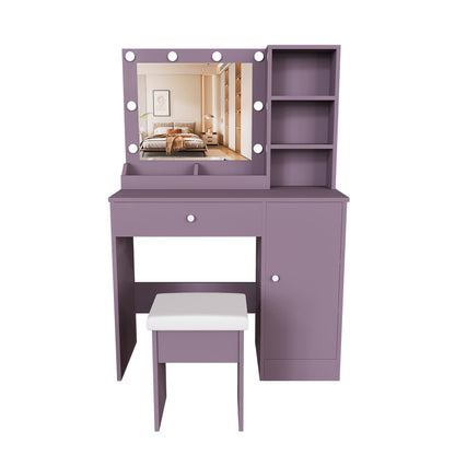 Modern Purple Vanity Desk Set with Padded Stool and Adjustable LED Mirror, 3 Color Light Modes, MDF Construction