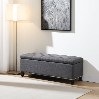 Dark Grey Linen Button-Tufted Storage Ottoman with Safety Close Hinge, 47.5" x 16.5" x 16.25", Plywood Construction