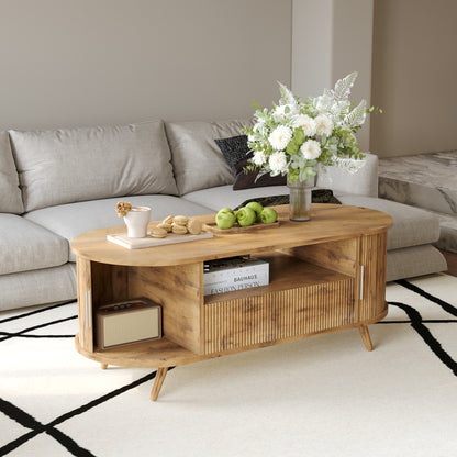 DFW 45.27 Inch Oval Coffee Table with Storage, AlsoCan be used as TV standMid Century Modern Coffee Table with Drawer, Center Table with Sliding Door and Wood Fluted Handle for Living Room, Nature Oak