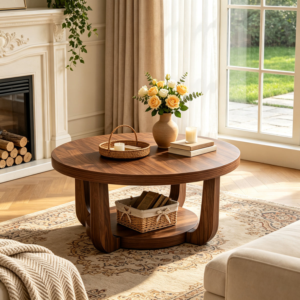 Round Coffee Table, Coffee Table with Storage, Small Coffee Table, Modern Coffee Table, Accent Table - 31.5' 2-Tier Circle Center Table for Living Room, Walnut Color