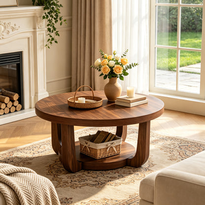 Round Coffee Table, Coffee Table with Storage, Small Coffee Table, Modern Coffee Table, Accent Table - 31.5' 2-Tier Circle Center Table for Living Room, Walnut Color