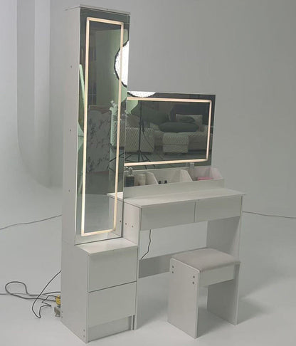 Extra Large LED Mirror Vanity Table + LED Dressing Mirror Cabinet + Cushioned Stool, Double Large LED Mirror, Touch Control, 3-color Switch