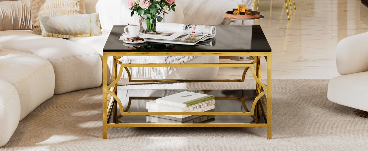 Square Glass Coffee Table in 33.5", Luxurious Geometric Metal Frame, Gold Finish & Lower Shelf