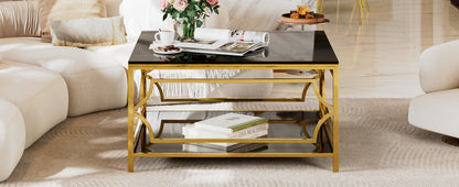Square Glass Coffee Table in 33.5", Luxurious Geometric Metal Frame, Gold Finish & Lower Shelf