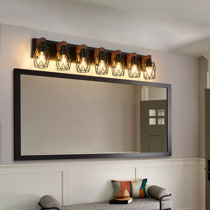 Industrial Vintage 7-Light Wall Sconce - Black Cage Wall Lighting Fixture with Wooden Accents, or Living Room (Bulb Not Included)