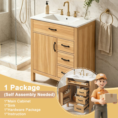 Modern 30 Inch Bathroom Vanity with Ceramic Sink, MDF Cabinet & Solid Wood Legs, Soft Close Drawers, Black Zinc Alloy Handles, Wood Finish