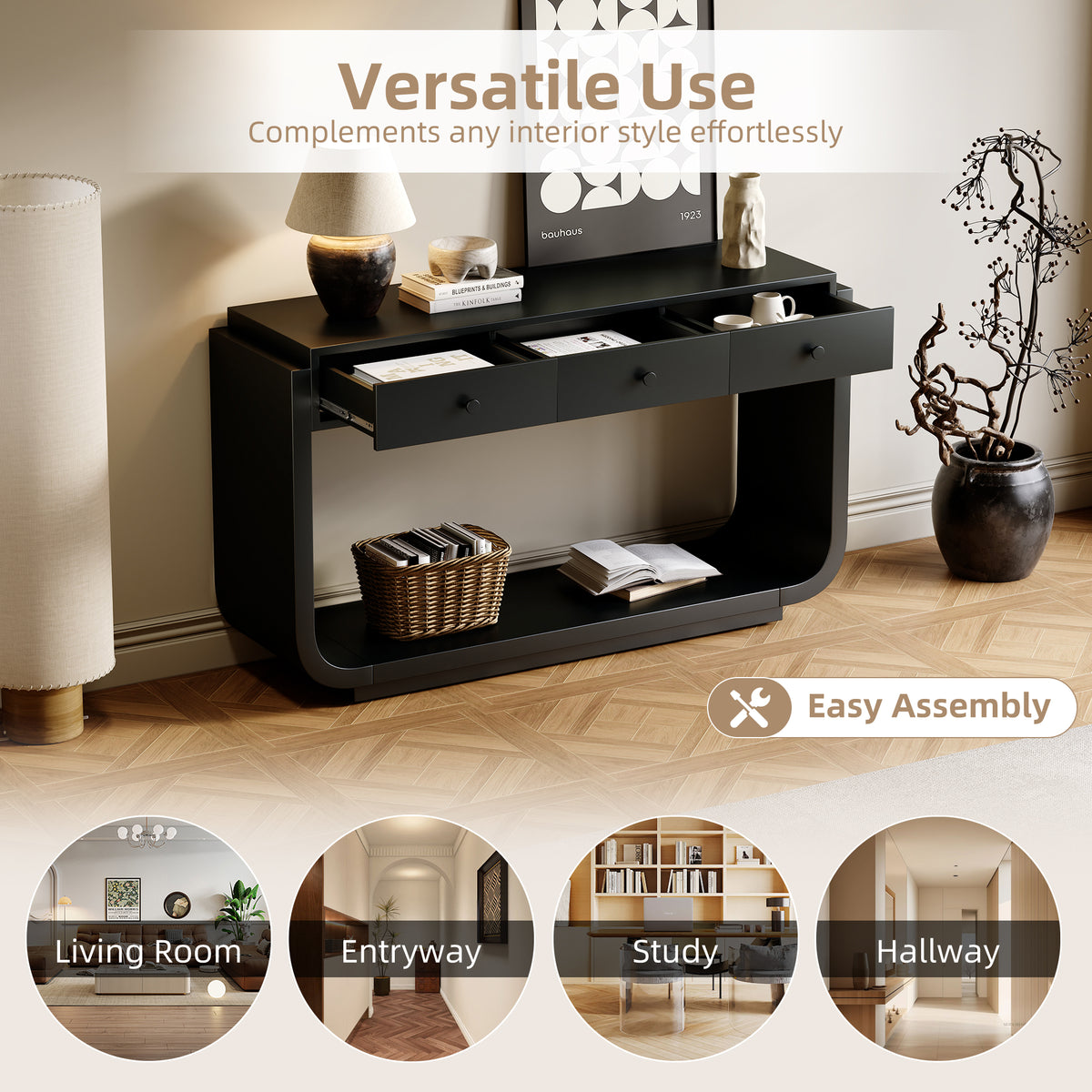 Classic-Style Console Table, 3 Storage Drawers, Display Shelf, Curved Legs, Painted Finish, Black