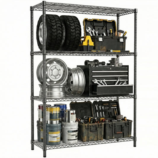 1400 LBS Garage Black Shelving Wide Storage Shelves 4 Tier Adjustable Heavy Duty Metal Wire Rack Standing Shelf Unit for Kitchen Office College Dorm Garage Warehouse 15.8" x 45.8"x 59.4"