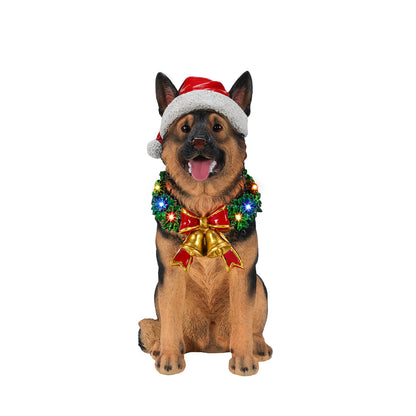 Lighted Christmas German Shepherd Dog Statue, Santa Hat Puppy Figurine with LED Wreath and Bells