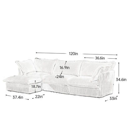 L-Shaped Slipcovered Sectional Sofa Couch, Comfy Deep Seat Cloud Couch with Convertible Ottoman & 2 Big Pillows, Modern Oversized 3 Seater Slipcovered Sofa Set for Living Room Office, Green Corduroy