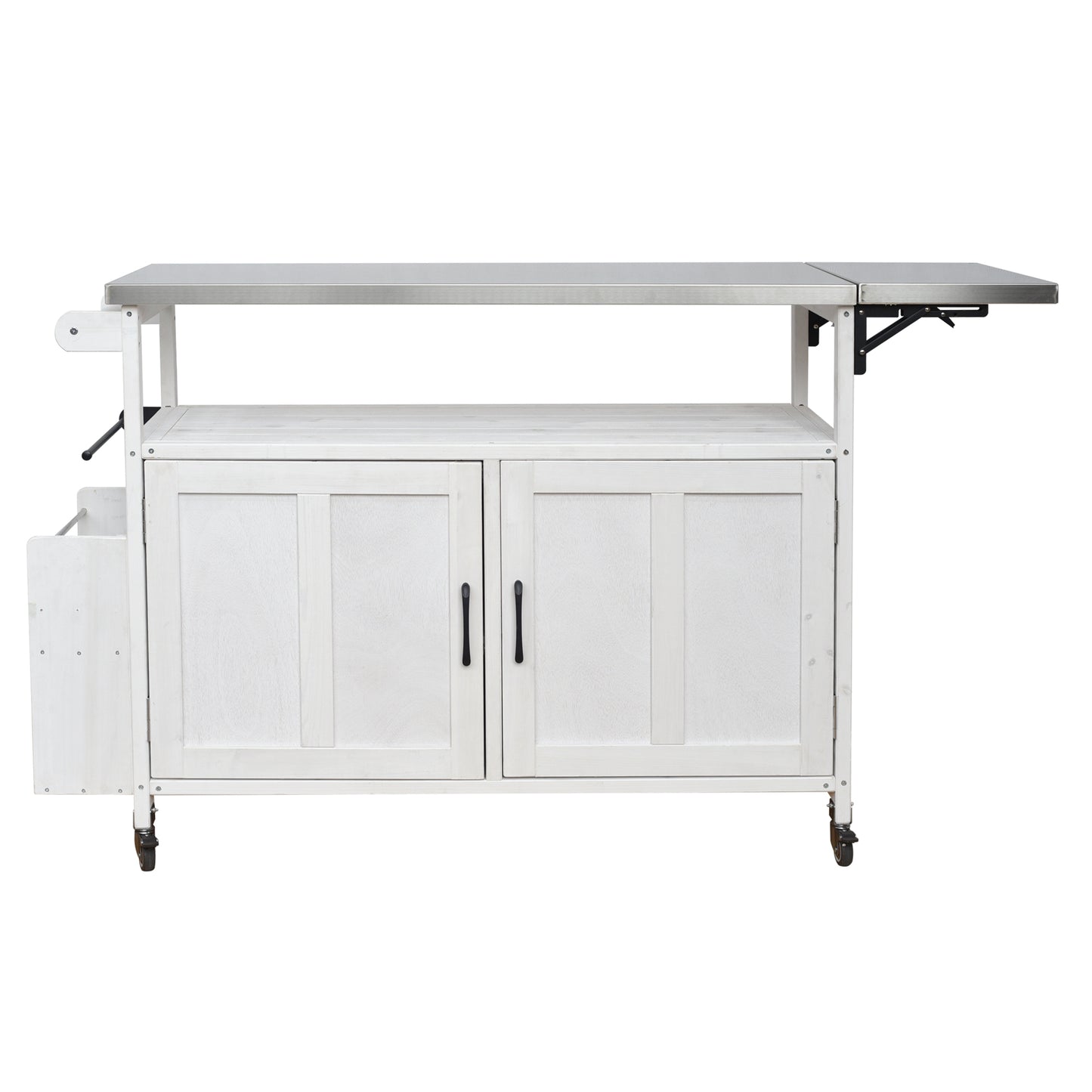 Foldable Outdoor Kitchen Island with Lockable Wheels, White Stainless Steel Top and Fir Wood Frame, Portable Patio Cart with Storage Cabinet and Towel Rack