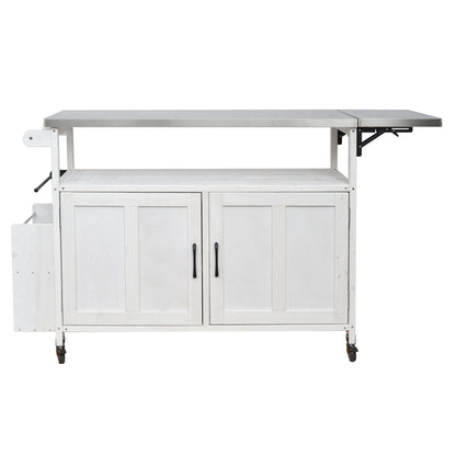 Foldable Outdoor Kitchen Island with Lockable Wheels, White Stainless Steel Top and Fir Wood Frame, Portable Patio Cart with Storage Cabinet and Towel Rack