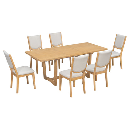 TREXM 7-Piece Extendable Dining Table Set for 6, Rectangular Kitchen Table with 6 Upholstered Chairs, Curved Back Dining Chairs for Dining Room(Natural)