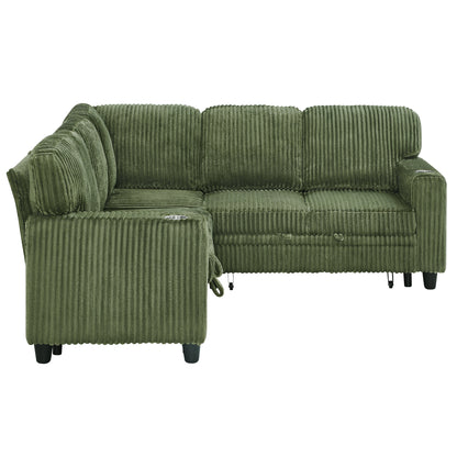L-Shaped Sectional Sofa Bed with Pull-Out Bed & Storage, 5-Seat Sleeper Couch with USB Charging, Convertible Design, Corduroy Fabric