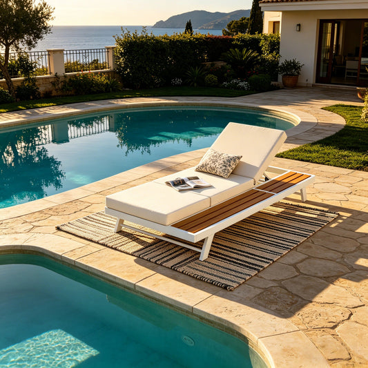 White Iron + Teak Finish Chaise Lounge Set with Cream Cushion, 400 lbs Capacity, 4" Thick 3-Fold Water-Resistant Cushion, Adjustable Backrest with Flat Storage Surface for Patio Poolside Backyard