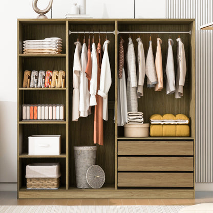 Doorless Wooden Storage Wardrobe for Dedroom with Shelves and 3 Drawers,Nature