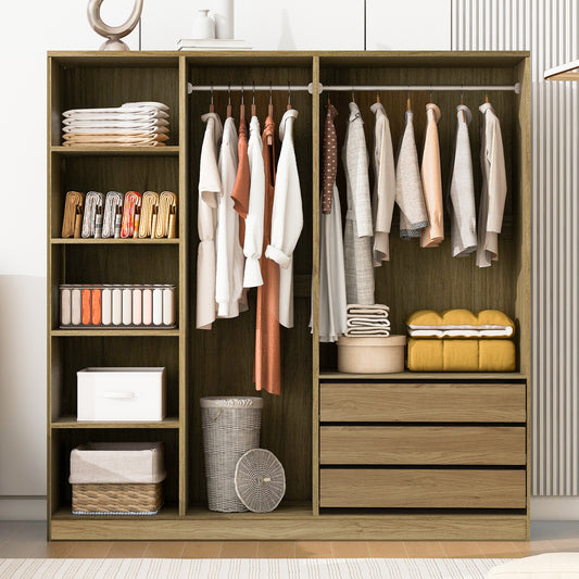 Doorless Wooden Storage Wardrobe for Dedroom with Shelves and 3 Drawers,Nature
