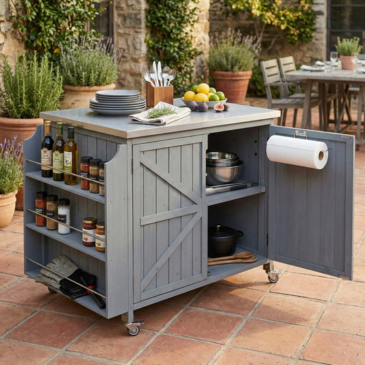 K&K 42.1" Outdoor Kitchen Island with Side Shelf, Outdoor Grill Cart with Storage Cabinet, Outdoor Kitchen Cabinet with Stainless Steel Top