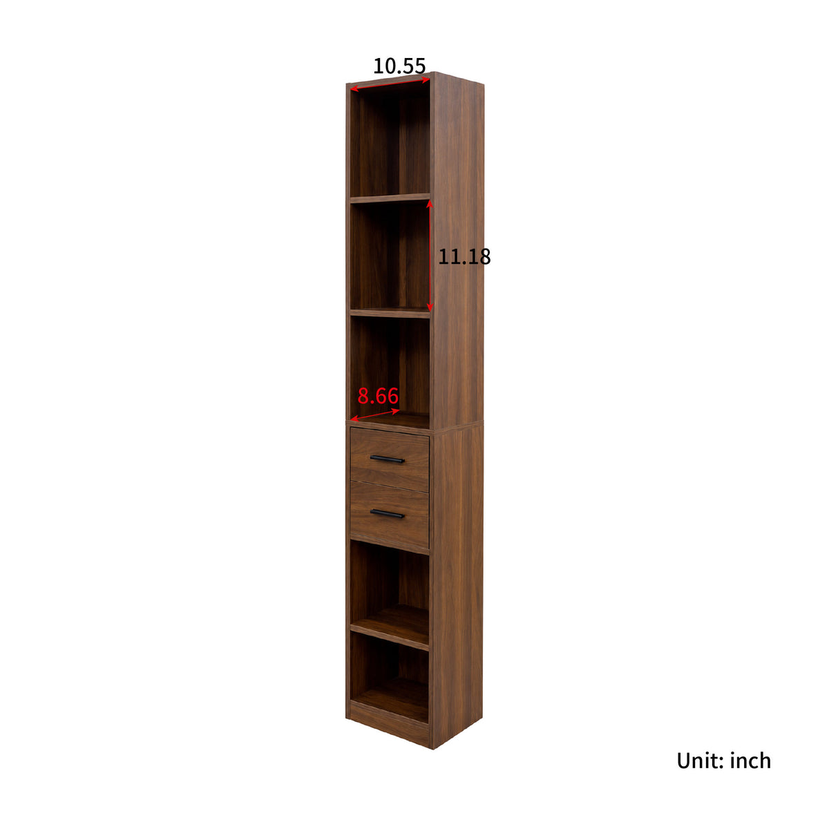 Tall Narrow Bookshelf, Slim Floor-Standing Storage Cabinet with 2 Drawers & 5 Open Shelves, Display cabinet for Living Room, Bedroom, Bathroom