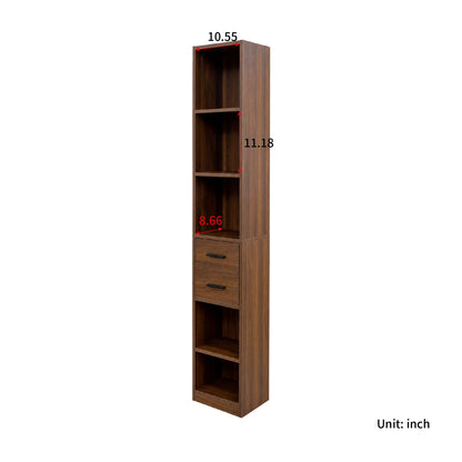 Tall Narrow Bookshelf, Slim Floor-Standing Storage Cabinet with 2 Drawers & 5 Open Shelves, Display cabinet for Living Room, Bedroom, Bathroom