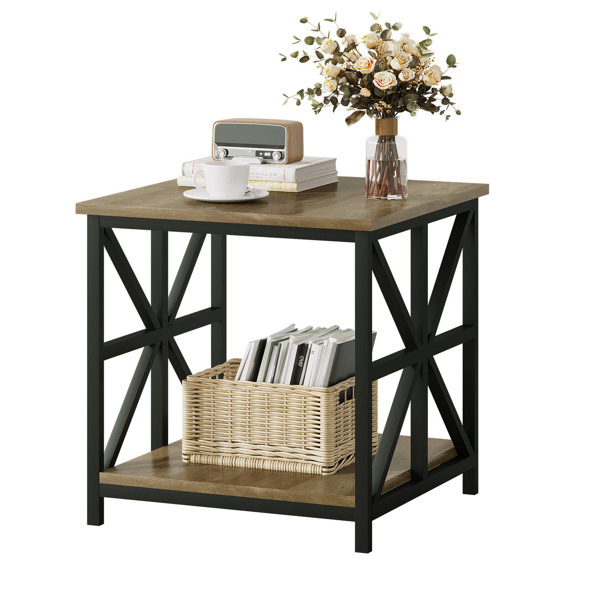 24" End Table with Storage, 2-Tier Side Table with Open Shelves for Living Room, Bedroom Nightstand, Farmhouse Accent Table, Grey Wash