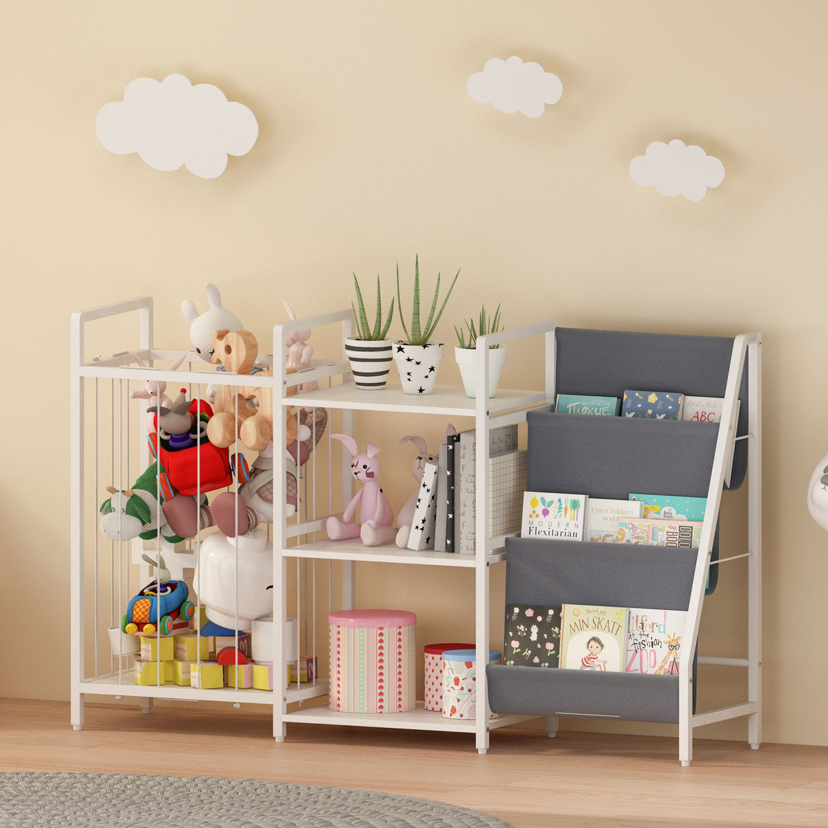 Kids Bookshelf and Toy Storage, 3-in-1 Book Shelf for Kids Rooms, Sling Baby Bookcase with Stuffed Animal Storage, Toddler Montessori Bookshelf for Nursery, Playroom, Kindergarten, Gray