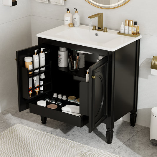30" Bathroom Vanity with Sink, Two Doors with Shelf, Soft Close Door Hinges, Vintage Style, Black
