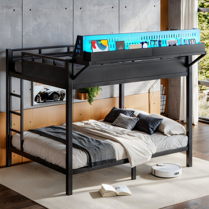 Queen over Queen Size Metal Bunk Bed with Storage Shelves and Pegboard, Bunk Bed Frame with USB Ports and LED Lights, Space-Saving, for Teens and Adults, Black