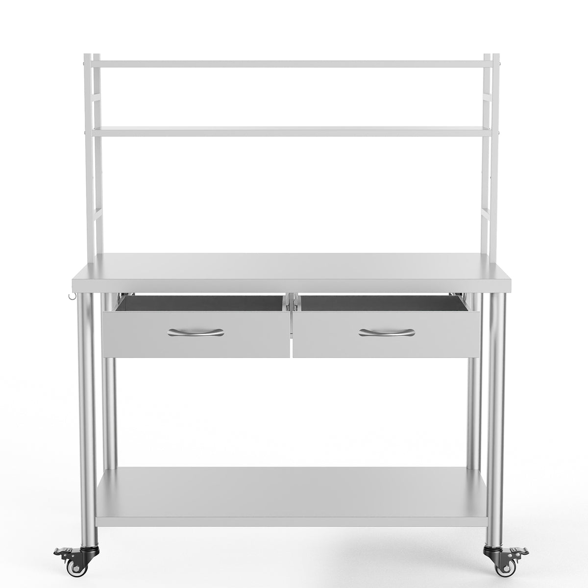 Stainless Steel Table with Shelves and Drawer, Stainless Steel Work Table with Overshelves, Adjustable Shelf and Hooks, Kitchen Prep Table for Commercial Kitchen, Restaurant and Garage