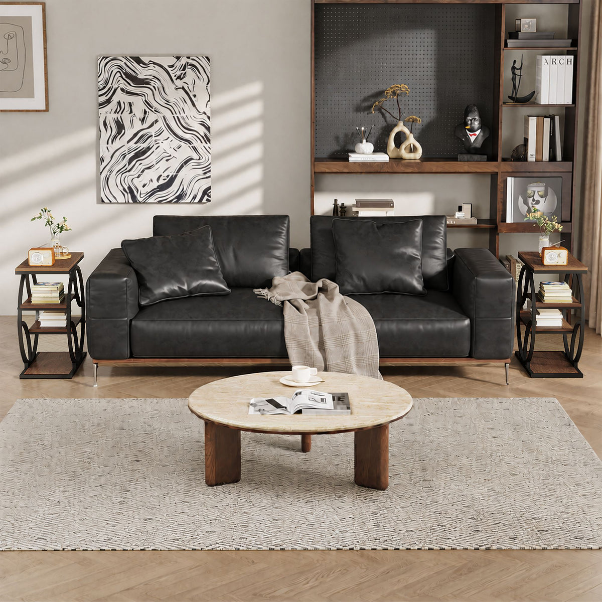 4-Tier Side Table with Storage, 25.6" Narrow End Table, Industrial Plant Stand & Nightstand, Geometric Metal Frame Accent Table for Living Room, Bedroom & Small Spaces, ( Brown)