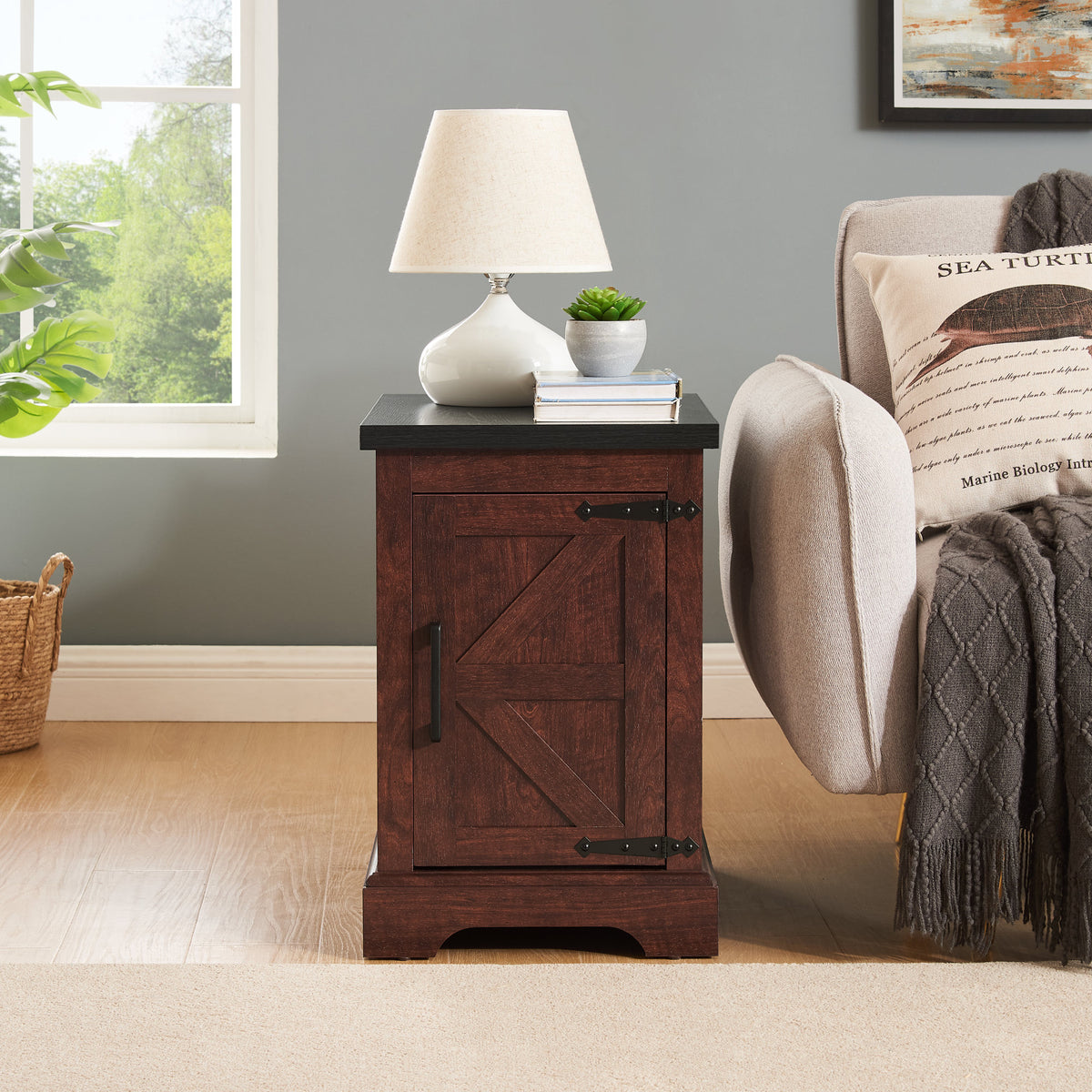 Farmhouse end table Nightstand Rectangular Farmhouse End Table with Barn Door and Adjustable Storage Shelf, Rustic Sofa Side Table, OAK