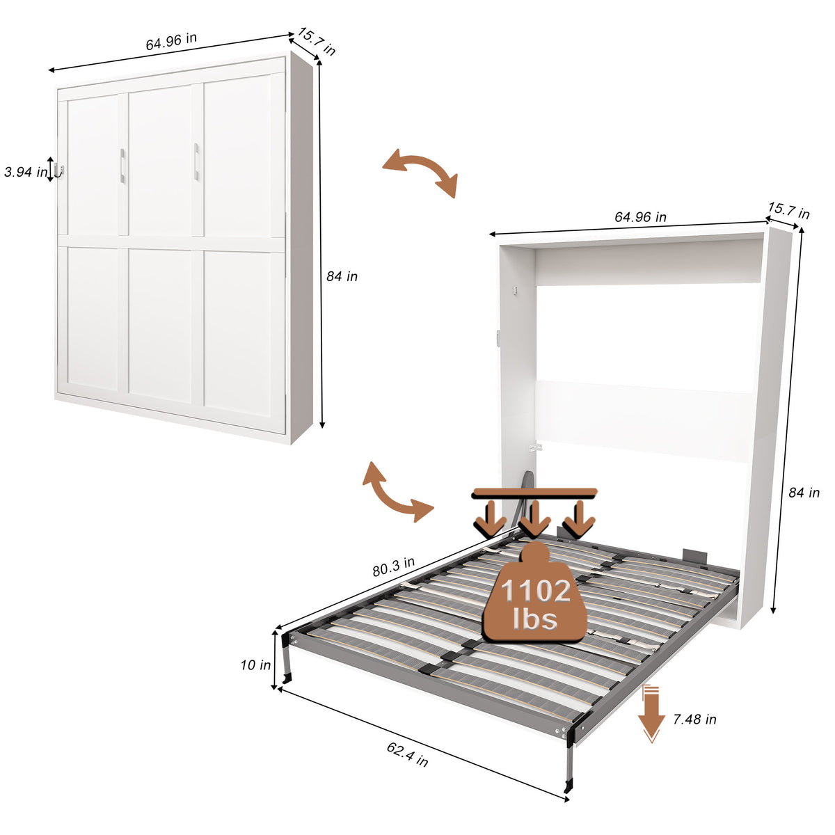 Queen Murphy bed, 65-inch foldable wall bed, with metal bed frame, solid wood support slats, concealed bed frame, with safety lock mechanism,suitable for bedrooms and guest rooms, white