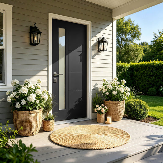 36'x80' Fiberglass Front Door with White 4-9/16' PVC Frame,Right-Hand Inswing Exterior Door with Brickmould,Contemporary minimalist brushed skin & Grooved line with frosted glass for Home Entrance, Bl