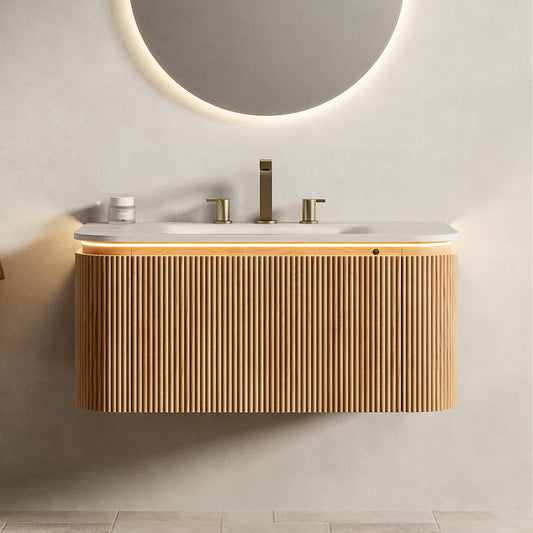 DIEN 36'' Bathroom Vanity&Sink, Floating Curved Edges Striped Cabinet with Drawer, Sensor Light, Travertine-Pattern Sintered Stone Hot-bent Integrated Basin, Pre-assembled, Natural Woodgrain Color,TH