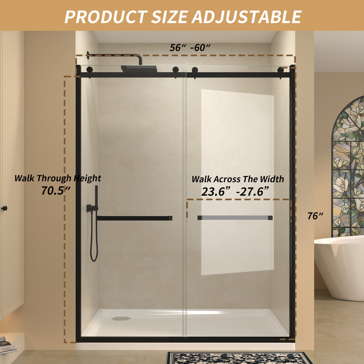 Semi-frameless Double Sliding Glass Shower Doors, 60" Width x 76"Height with 3/8"(10mm) Clear Tempered Glass, Matt Black