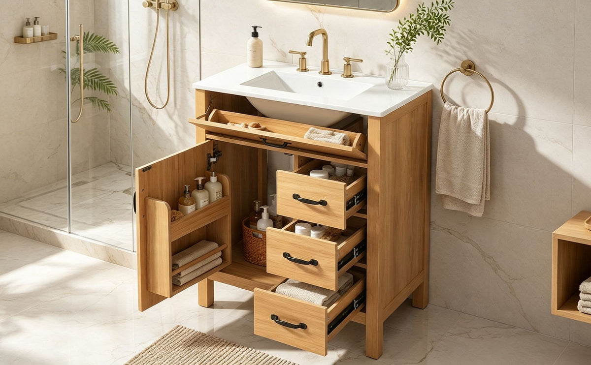 Modern 30 Inch Bathroom Vanity with Ceramic Sink, MDF Cabinet & Solid Wood Legs, Soft Close Drawers, Black Zinc Alloy Handles, Wood Finish