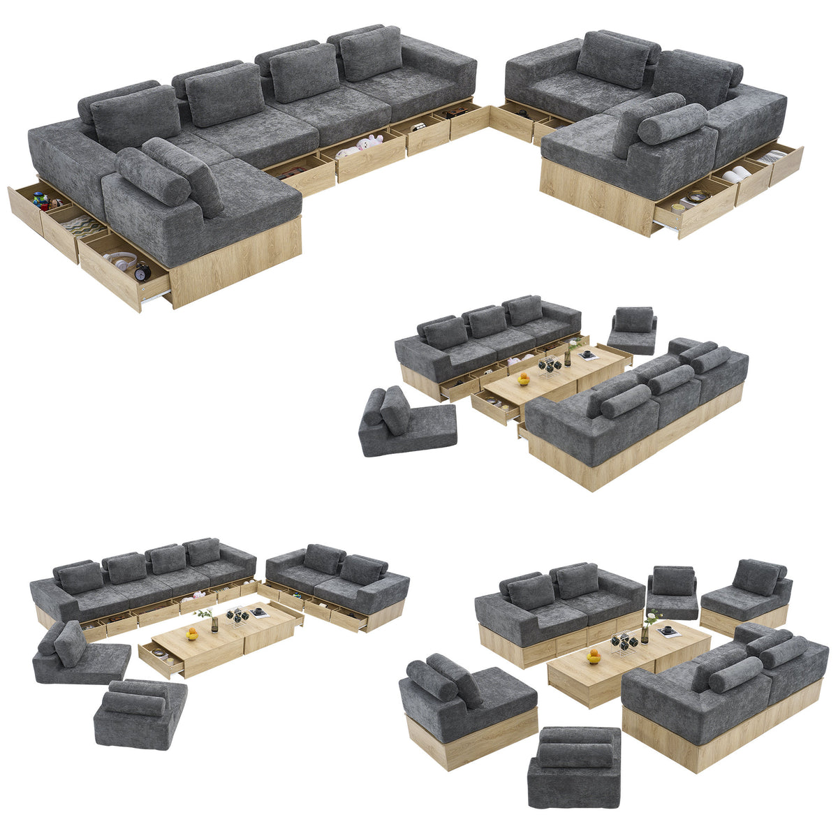 8-seat Modular Sectional Sofa with Storage Drawers, Multi-Functional L-Shaped Couch with Built-In Cabinet Base and Center Table Design, Convertible Combination Sofa Set, Modern Upholstered Sofa