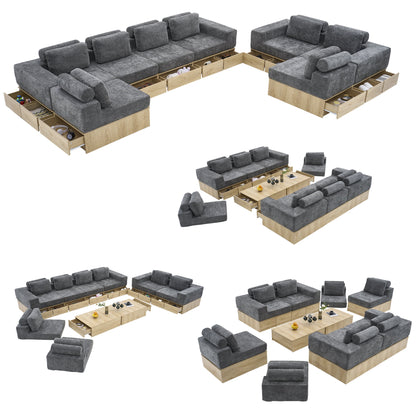 8-seat Modular Sectional Sofa with Storage Drawers, Multi-Functional L-Shaped Couch with Built-In Cabinet Base and Center Table Design, Convertible Combination Sofa Set, Modern Upholstered Sofa