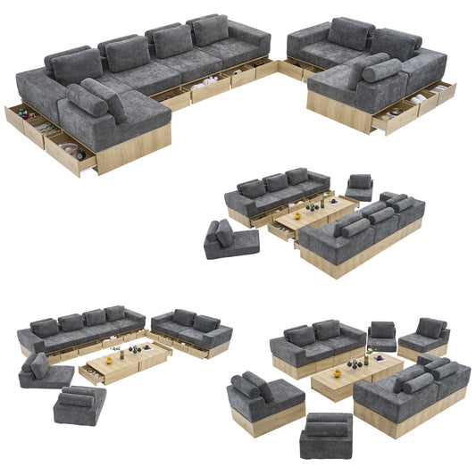 8-seat Modular Sectional Sofa with Storage Drawers, Multi-Functional L-Shaped Couch with Built-In Cabinet Base and Center Table Design, Convertible Combination Sofa Set, Modern Upholstered Sofa
