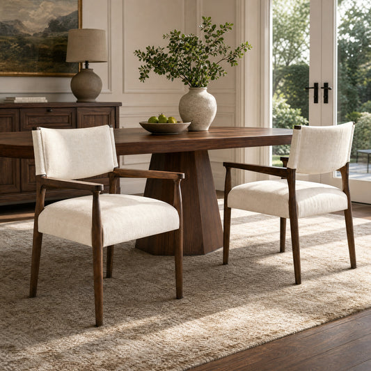 Mid-Century Modern Dining Arm Chairs Set of 2, Rubber Wood Frame with Beige Fabric Upholstery, Walnut Finish Upholstered Dining Room Chairs for Kitchen & Living Room