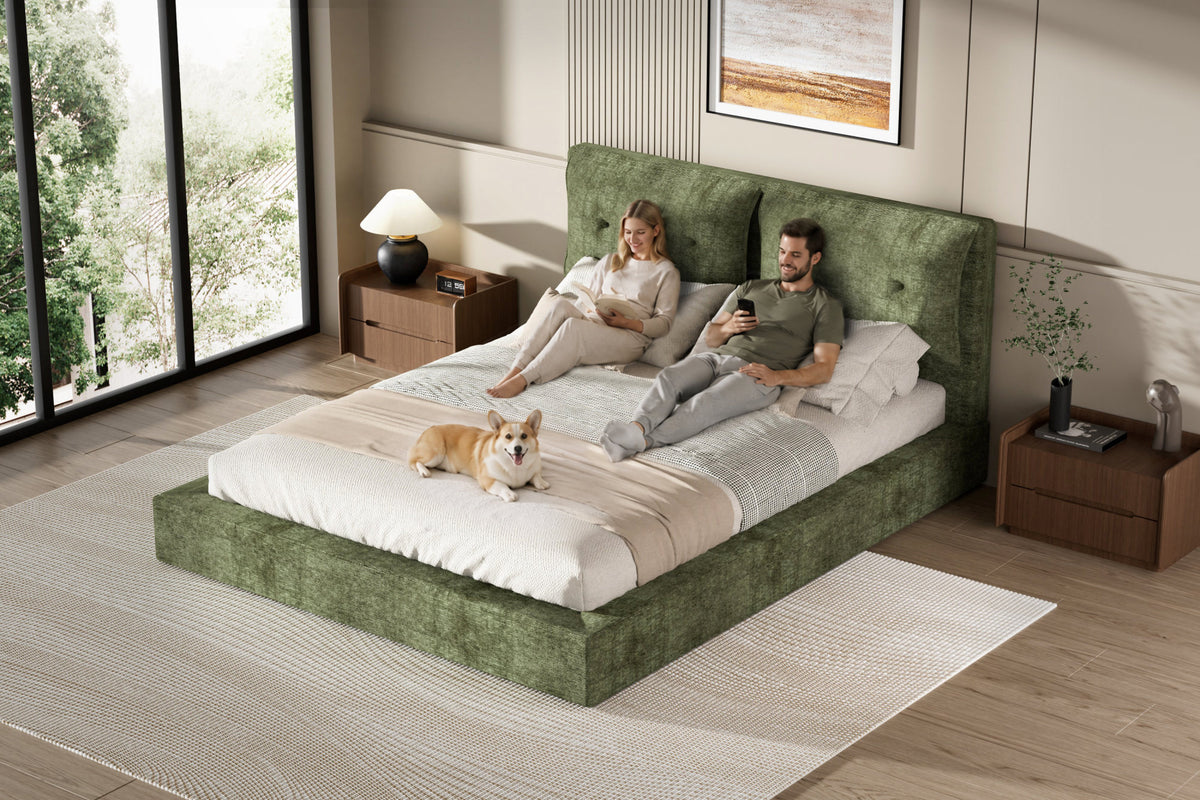 AirFrame Upholstered Bed Frame, a low, cloud-style bed frame with a double-layered upholstered headboard, 360° soft foam edging, and a metal base; easy to assemble; Queen size, Green
