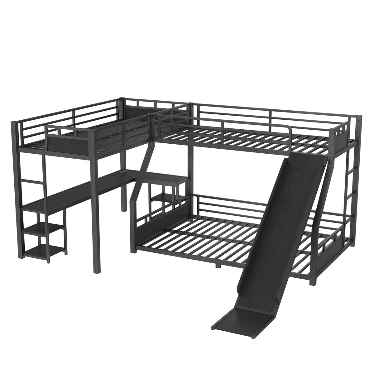 L-Shaped Metal Bunk Bed (Top bed: twin xl, bottom bed: queen) with Single Loft Bed, Desk, and Storage Shelves, USB Charging Port Included - Metal Triple Bunk Bed with Slide,B