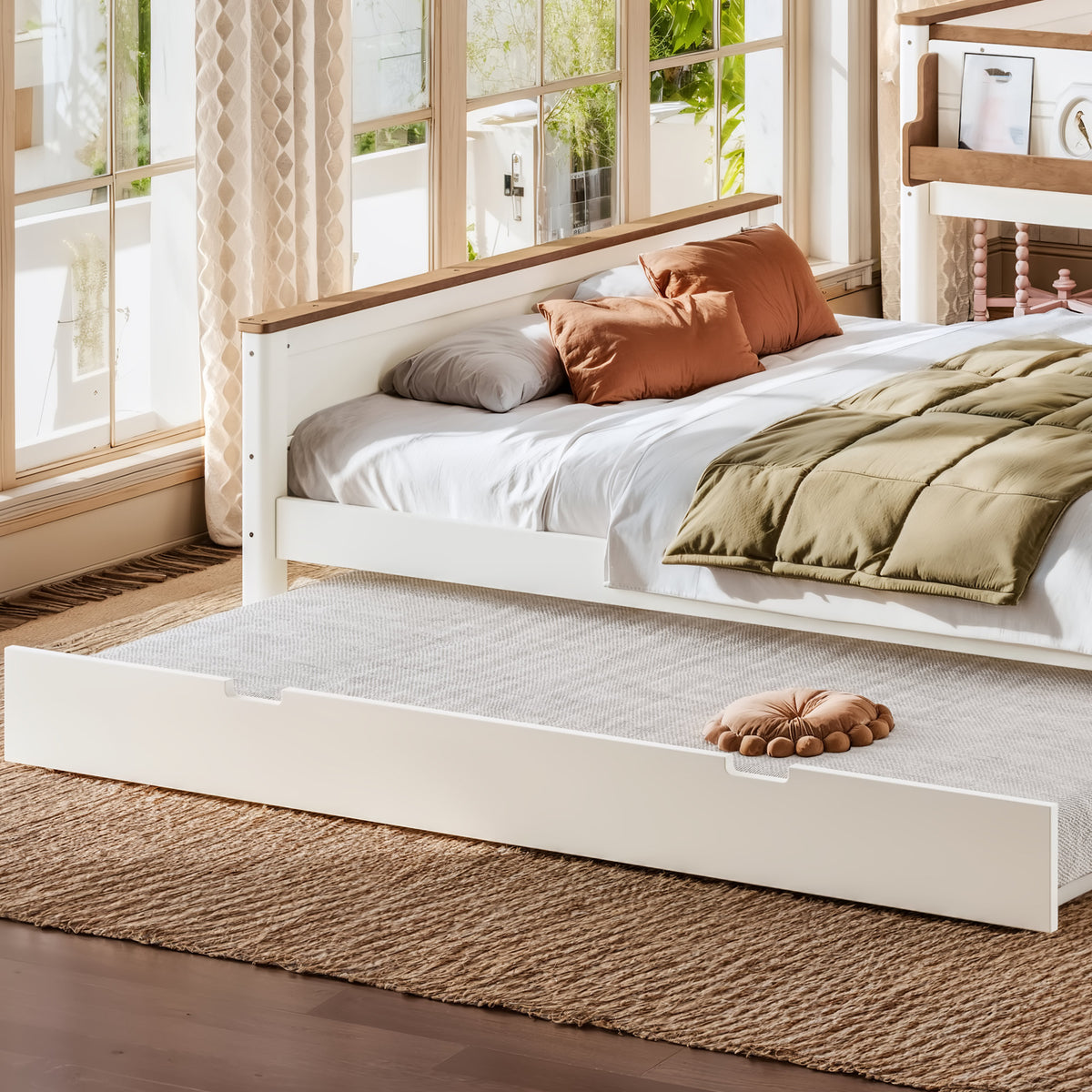 Queen over Queen Wood Bunk Bed with Pull-out Trundle Bed, Side Storage Shelf, Detachable Bunk Bed Frame, Convertible Into 2 Separate Beds for Kids Teens Adults, Beige&Natural