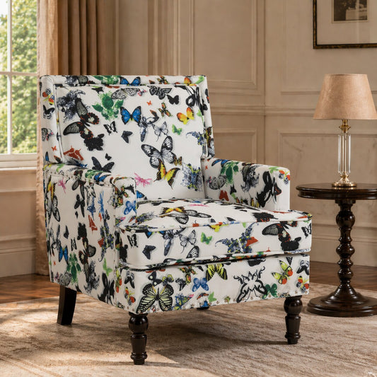 Upholstered Accent Chair, Vintage Armchair with butterfly  Linen Fabric and Nailhead Trim for Living Room